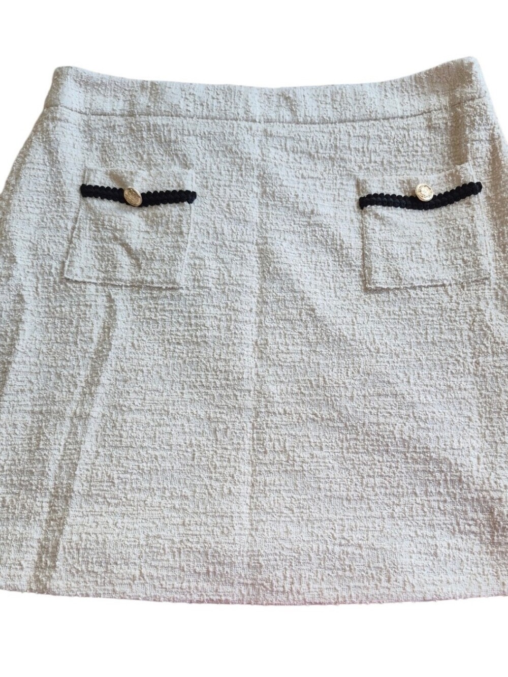 Preston & York Caitlin Ivory Textured Tweed Skirt Black Trim Gold Button L NWT